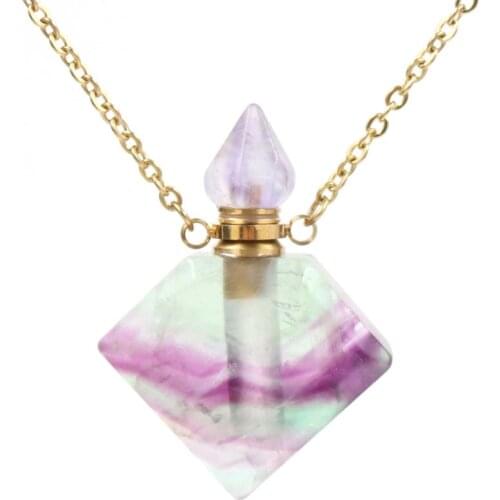 FYJS Unique Light Yellow Gold Color Rhombus Shape Fluorite Stone Pendant Perfume Bottle Necklace for Women Jewelry