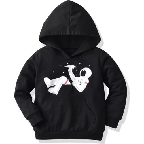 Boys and Girls Wearing Black Cosmonauts Hooded Leisure Hoodies