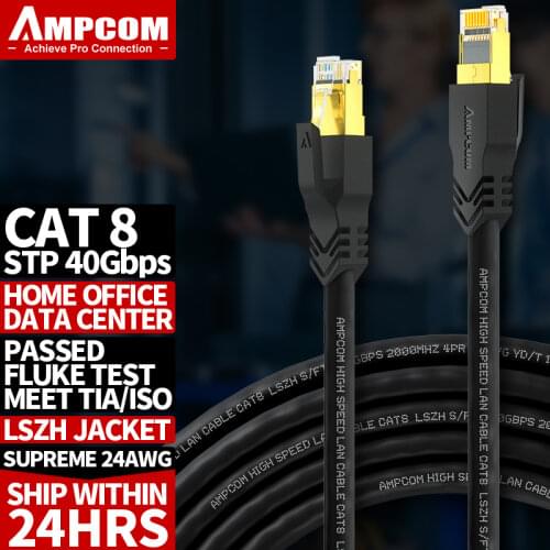 AMPCOM S/FTP CAT8 Ethernet Cable (24AWG, 8.0mm), High Speed ​​Patch Cable CAT 8 Lan Cable 10Gbps, 25Gbps, 40Gbps