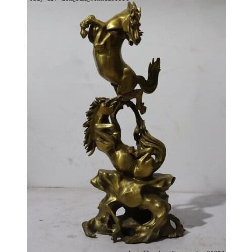 15 Chinese Pure Brass Copper Marble Two Horse Steed combat Art sculpture Statue
