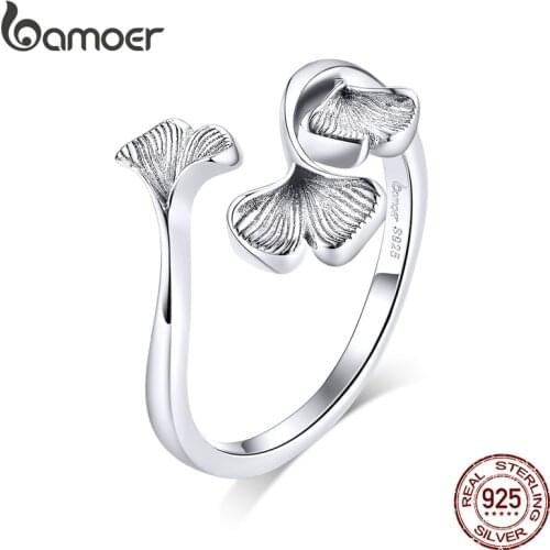 Bamoer Silver 925 Design Ginkgo Leaf Finger Rings for Women Vintage Bijoux 925 Sterling Silver Trendy Wedding Jewelry BSR097
