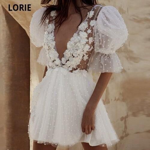 LORIE Modest Ivory Tulle Pearls Short Prom Dresses 3D Flowers Deep V Neck Puff Sleeves Mini Sexy Backless Party Formal Gowns