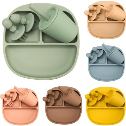 Hot Sale BPA Free Silicone Childrens Tableware Fashionable Baby Feeding Dinner Set Plates Training Bowl Mini Spork Straw Cup
