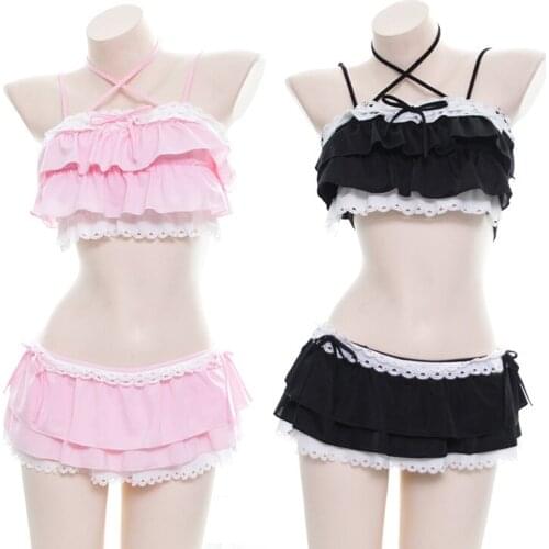 Kawaii Sexy Womens Lingerie Set Lolita Cat Girls Ruffles Camisoles & Skirt Underwear Set Sukumizu Japanese Two-piece Set