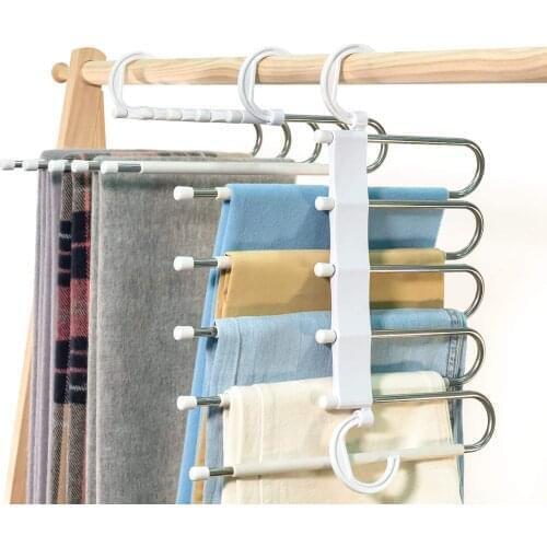 5 Layers Multi Functional Pants Hangers Pants Rack Non-Slip Space Saving Clothes Storage Organizer for Pants Jeans Trousers