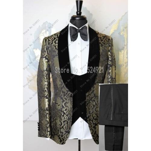 Men Suits Gold Pattern and Black Groom Tuxedos Shawl Velvet Lapel Groomsmen Wedding Best Man ( Jacket+Pants+Vest+Tie ) C698