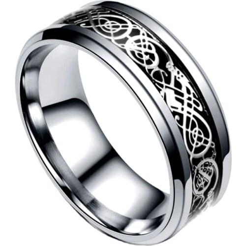 Mens ring silverycarbon fiber dragon shaped inlay comfortable stainless steel ring suitable for mens wedding