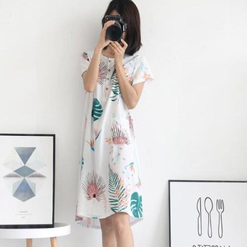 Soft Breathable Noil Poplin Night Dress Summer Short Sleeve Plus Size Sleepwear Women Homewear