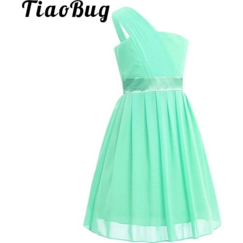 New Girls Pleated Chiffon One-shoulder Flower Girl Dress High-waisted Princess Pageant Cutout Back Wedding Party Dress SZ 4-14