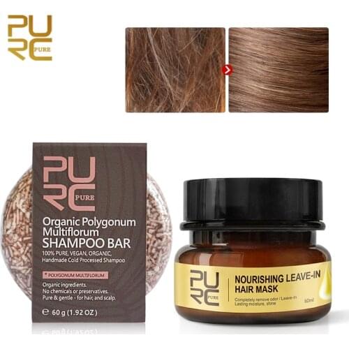 PURC Organic Natural Polygonum Shampoo Bar 100% PURE and Repair damage dry hair Leave-In Hair Mask
