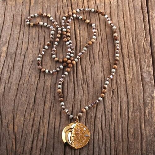 RH Fashion Boho Beaded Necklace 4mm Stone Glass Beads Knotted Brass Micro Pave CZ Zircon Coin Shape Charm Necklaces For Women