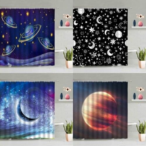 Dream Starry Sky Shower Curtain Night Planet Black White Stars Moon Universe Space Bathtub Decoration Screen Washable With Hooks