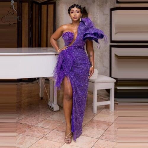 Sparkly Purple Long Evening Dresses African Women Beading Prom Dress Sexy Slit One Shoulder Feathers vestidos Formal Party Gowns