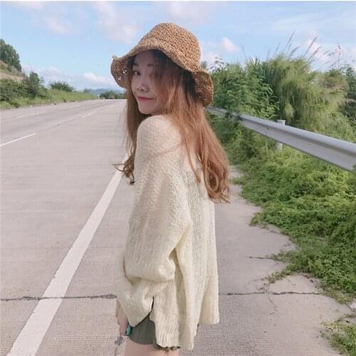 Summer Korean College Style Loose Solid Sunscreen Cardigan Womens Sexy Breathable Knitting Cardigan Average Coat
