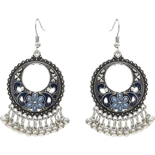 Turkish Beads Tassel Indian Jhumka Earrings For Women Ethnic Vintage Silver Color Alloy Bollywood Oxidized Bells Dangle Earrings