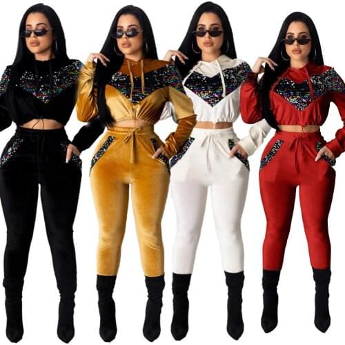 Velvet Two Piece Set Hooded Women Velour Tracksuit Sequin Joggers Pants Winter Female Clothes 2 Pcs Lounge Wear Suit Plus Size
