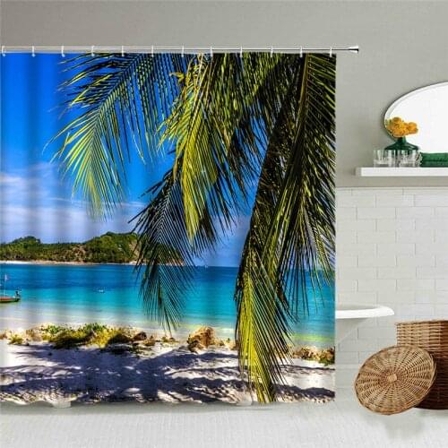 Sea Beach Palm Tree 3D Waterproof Shower Curtain Summer Natural Scenery Bathroom Accessories With Hook Curtains Home Decoration