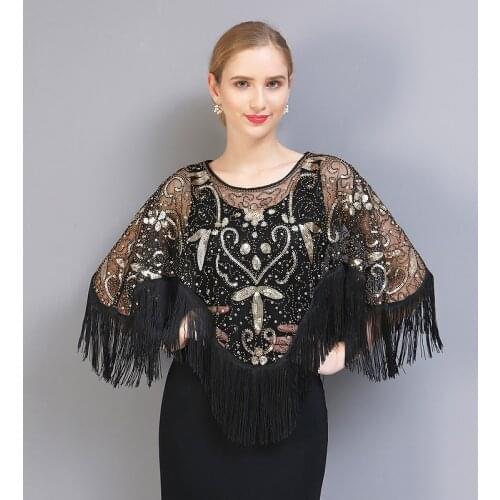 High Quality Womens 1920s Sequin Shawl Mesh Tassel Evening Party Cape Flapper Cover Up Short Sleeve Blouses