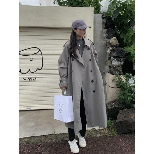 French Retro Double-Breasted Windbreaker Womens Early Autumn New Coat Korean Style Over-The-Knee Coat Temperament Ladies WH1015