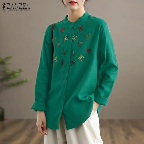 ZANZEA Vintage Spring Blouse Women Floral Embroidery Shirt Long Sleeve Buttons Blusas Loose Cotton Tops Tunic Chemise Plus Size