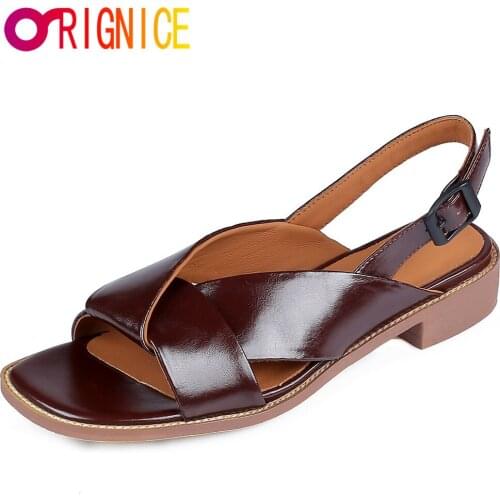 Orignice Brown Cow Leather Buckle Womens Rome Flat Sandals Summer Fish Mouth Anti Water Outdoor Ladies Beach Casual Shoes