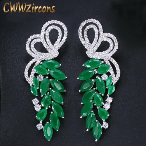 CWWZircons Elegant Leaf Shape Micro Pave Cubic Zirconia and Green Crystal Silver Color Long Drop Costume Earring for Women CZ268