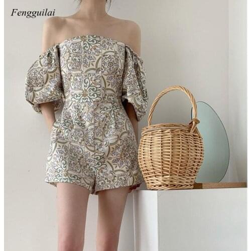 Printed Jumpsuit Womens Summer 2021 New Thin Square Neck Shorts Womens Wear