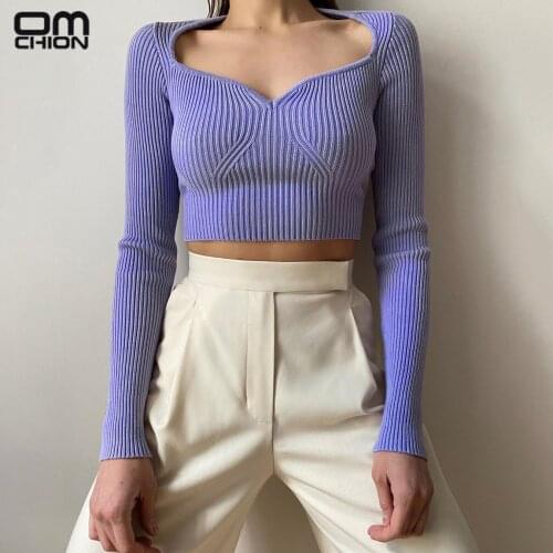 OMCHION Pull Femme 2021 Spring Heart Neck Long Sleeve Korean Sweater Women Casual Loose Slim Sexy Knit Crop Pullover BT56