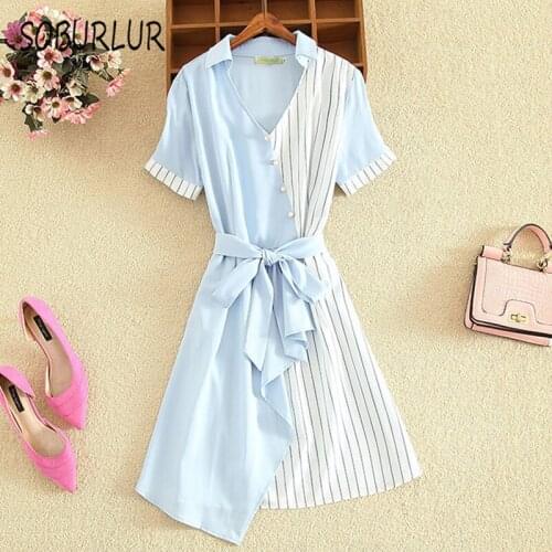 SOBURLUR 2021 V-Neck Summer dress Short Sleeve Dress Woman Dresses Loose Fashion Casual Belted Dress Midi Sundress Tops Basic