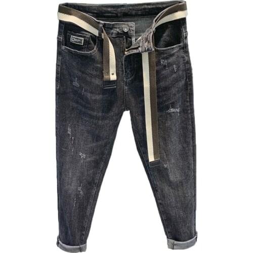 2021 Trendy mens autumn belt style stretchy feet jeans mens social pop brand Korean alphabet embroidered Harlan trousers