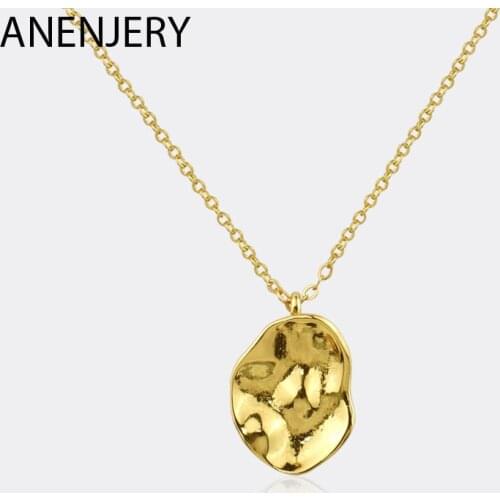 ANENJERY 925 Sterling Silver Irregular Concave Necklace for Men Women Handmade Hammered Oval Gold Coin Necklace S-N758