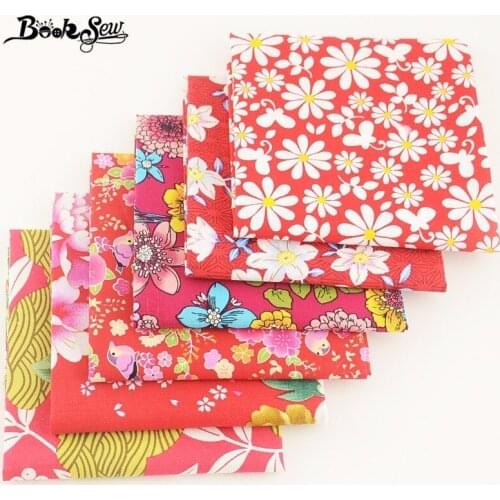 Booksew 100% Cotton Poplin Fabric Flora Series Design 6PCS/lot Red Fat Quarter Bundle Tissue For Craft Shirt Girl Dress Clothing