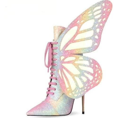 Butterfly High Heel Ankle Boots plus size pointed lace up ankle boots size 43 women shoes high heel boots shoes women