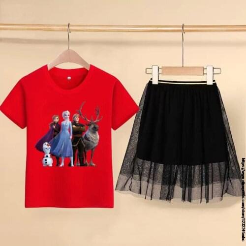 Disney Girls Dress Hot Frozen Elsa Anna New Cartoon Girl Set Skirt Girls Doll Short Sleeve Skirt Set 2 Pieces