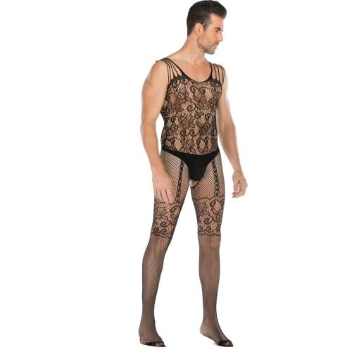 Mens Crotchless Fishnet Jumpsuit Sexy Lingerie Fabric Mesh Transparent Bodysuit Bodycon Leotard Erotic Toys Gay Lace Stockings