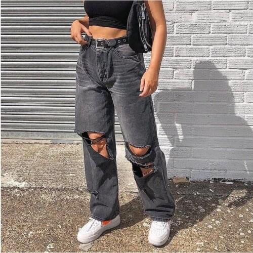 Women Black Cargo Jeans Ripped Pants For Women High Waist Mom Jeans Vintage Jeans Full Length Hollow Out Hole Trousers New