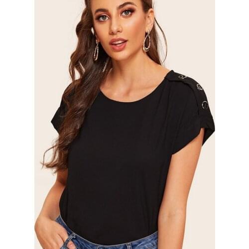 Neatie kiddie Black Casual Women T-shirt Tops Summer Loose Short Sleeve O-neck Three Buckle Shoulder Buckle Tshirt Female