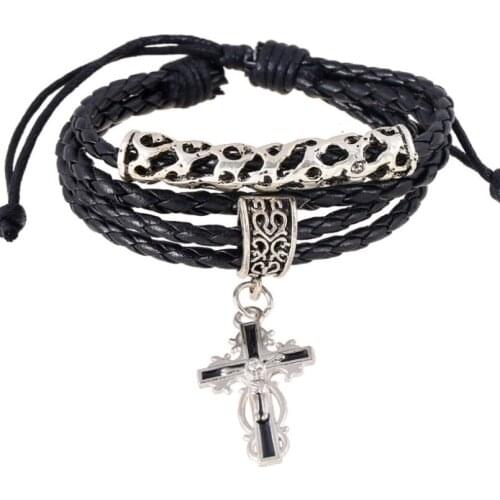Fashion Vintage Cross Leather Black Bracelet Multi-layer Weave Alloy Charm Bangle Wrap Adjustable Wristbands Retro Punk Jewelry