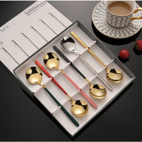 6pcs Gold Spoon Set Stainless Steel Dinnerware Silverware Flatware Set Dinner Spoons With Gift Case