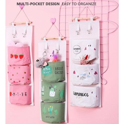 Wall Hanging Storage Bag Pink Cartoon Wardrobe Storage Bag Cotton Linen Hanging Organizer Lovely Girls Bedroom Decor Housewares