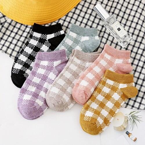 2020 Spring Summer New Grid Woman Socks Cotton Japanese Korean Harajuku Cute Socks Women Shallow Mouth 40201