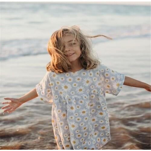 0-3T Sweet Summer Infant Newborn Floral Dress Baby Girls Daisy Print Short Sleeve Round Neck Loose Casual Dress