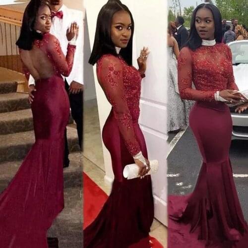 African Burgundy Mermaid Prom Dresses 2021 vestidos de fiesta largos elegantes de gala Black Girls Women Formal Evening Dress
