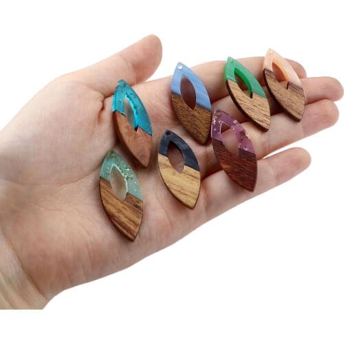 3 PCs Resin & Wood Hollow Effect Resin Pendants Olive Shape Charms With Gold Color Leaf 3.8cm X 1.6cm For DIY Jewelry Making