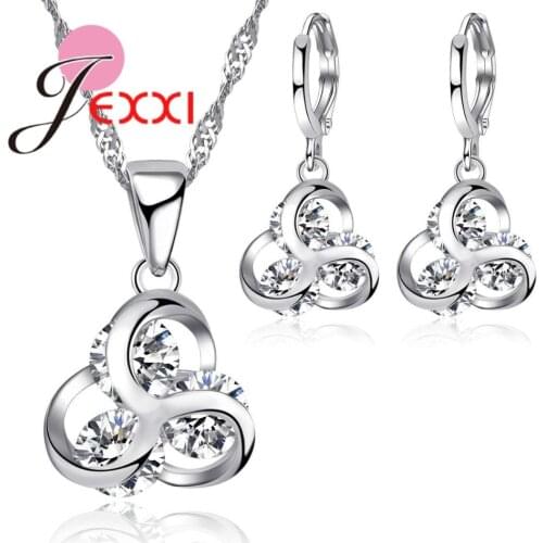 Luxury Austian CZ Crystal Clover Flower 925 Sterling Silver Jewelry Set for Women Wedding Necklace Pendant Hoop Earrings