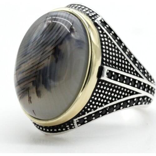 Turkey Mens Ring with Big Natural Agate Stone 925 Sterling Silver Vintage Aqeeq Male Ring Turkish Jewelry Birthday Party Gift
