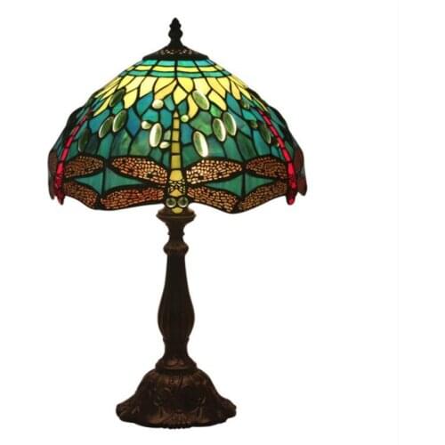 12" Vintage European Tiffany Green Dragonfly Glass Table Lamp for Foyer Bed Room Bar Apartment Glass Reading Light H 49cm 1047