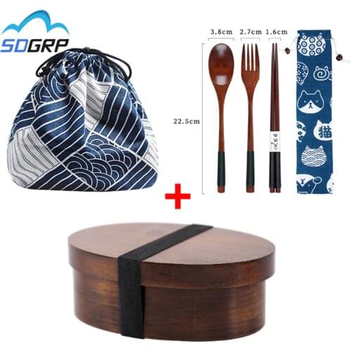 Japanese Wooden Lunch Box Picnic Bento Box For Kids Dinnerware Set Insulation Bag Chopsticks Fork Spoon Food Storage Container