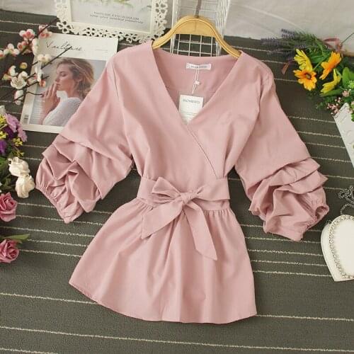 2021 Summer Women V-Neck Puff Sleeve Ruffles Pleated Shirt Lady Elastic Bandage Strap Belt Slim Waist Pullover Chic Blouse Tops