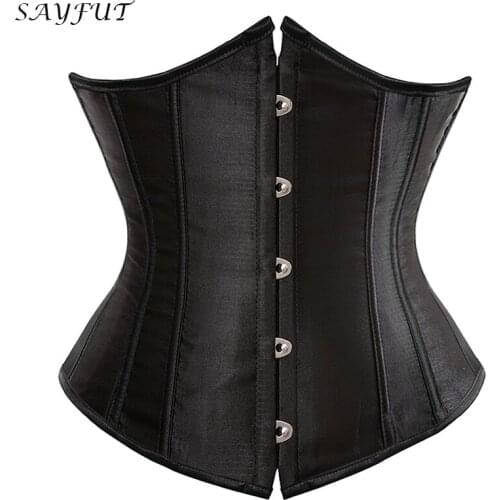Women Black Lace Up Boned Satin Underbust Corset Sexy Bustiers Top Waist Trainer Cincher Bodyshaper Corselet for Weight Loss